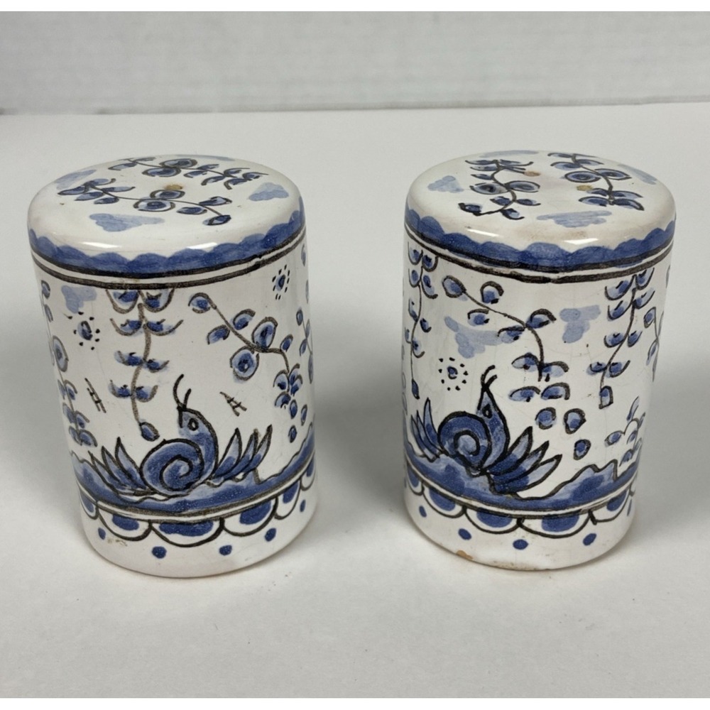Delft Blue Salt & Pepper Shakers Bird Floral Designs Ceramic w/Stoppers